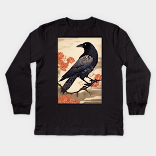 Raven Bird Chiyogami Kimono Pattern Kids Long Sleeve T-Shirt